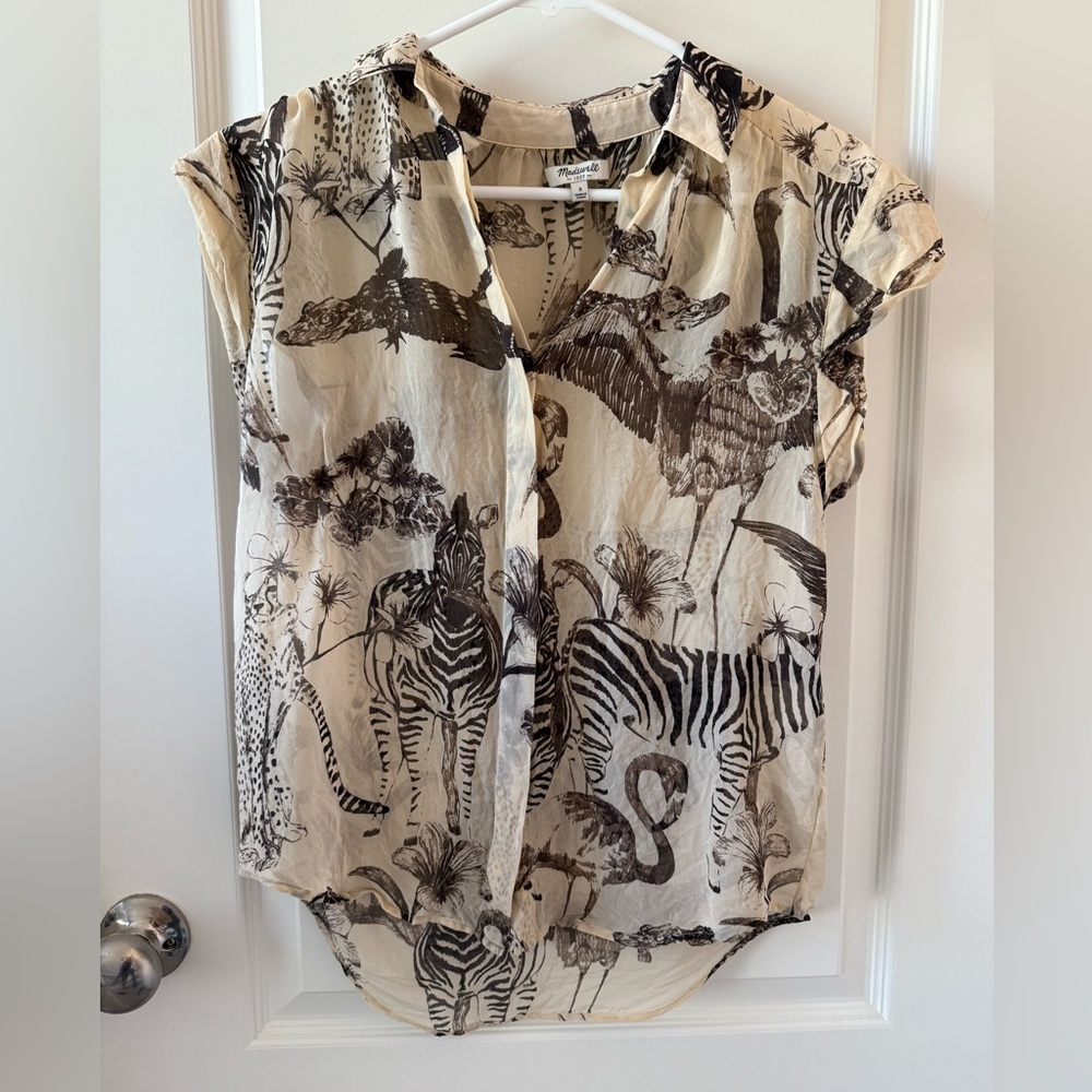 Madewell Cream and Brown Animal Safari Button Down 100% Silk Shirt